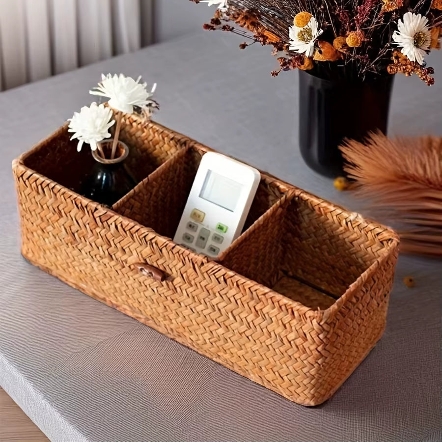 Partitioned Storage Box, Handcrafted Woven Storage Basket, Rectangular Vintage Shelf, for Home Organization Storage Containers