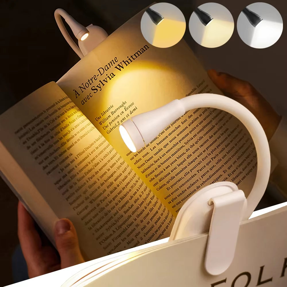 3 Color Mini LED Book Light Eye Protection Adjustable Clip 360° Flip Study Lamp Rechargeable for Travel Bedroom Reading
